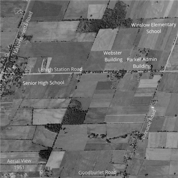An aerial view of a portion of Henrietta from 1951 with key school district buildings labeled to show where they stand today.